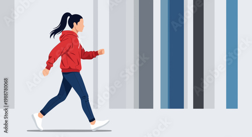 Woman in Tracksuit Walking Energetically Past Abstract Colored Lines Illustrative Design