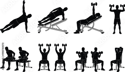 Dumbbell workout silhouette illustration set, strength training exercise design, fitness gym art, bodybuilding graphic, black-and-white vector drawing