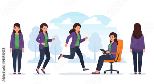 Woman In Various Poses Depicting Daily Activities Represented By Vector Graphics