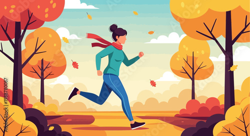 Woman Jogging In Autumnal Park With Trees And Falling Leaves During Sunny Day