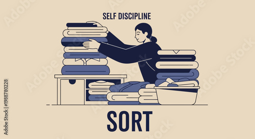 Woman Neatly Stacking And Organizing Clothes, Symbolizing Self-Discipline And Orderly Lifestyle