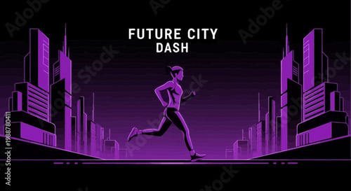 Woman Runner Sprinting Through Modern Futuristic Metropolis With Buildings Silhouettes Image