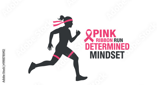 Woman Runner Silhouette Promotes Breast Cancer Awareness and Pink Ribbon Run with Determination