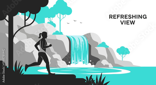 Woman Running Beside Refreshing Waterfall Scenic Nature Trail Exercise