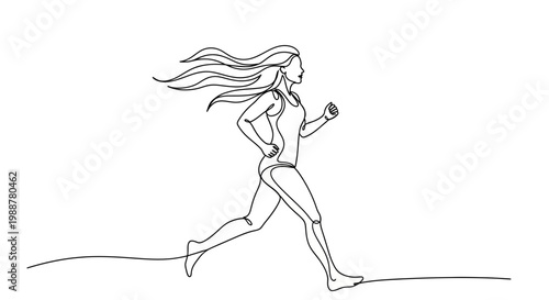 Woman Running Drawn With Continuous Line Depicting Athleticism, Fitness, and Movement