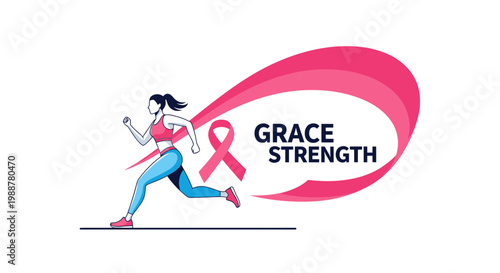 Woman Running For Grace And Strength Against Cancer With Pink Ribbon Symbol