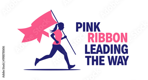 Woman Running With A Pink Ribbon Flag Symbolizing Hope And Determination