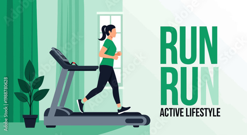 Woman Running On Treadmill. Promote A Healthy Lifestyle. Indoor Fitness. Run For Health