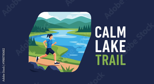 Woman Runs Along The Calm Lake Trail In A Beautiful Nature Scenic Environment