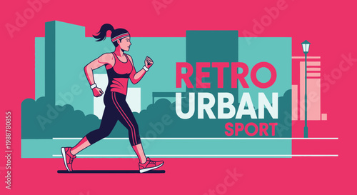Woman Runs Through Urban Landscape as a Vibrant Sport and Retro Illustration