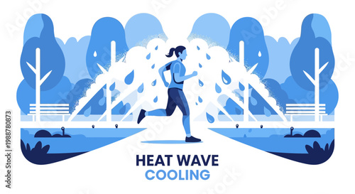 Woman Runs Through Water Vapor Trail In Park, Cooling Action Exercise, Heat Relief Concept