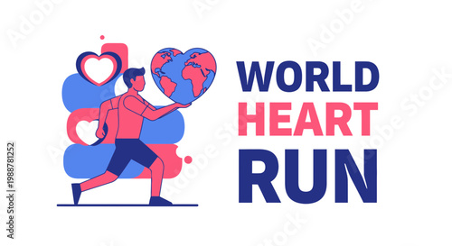 World Heart Run: Global Health And Fitness Concept Depicted In Active Running Graphic