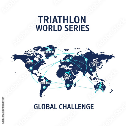 Worldwide Triathlon Event Map Depicting Global Challenge, Featuring Swimming, Cycling, Running