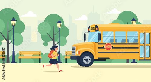 Young Girl Rushing To Catch The School Bus By The Park With Green Trees And Street Lamps