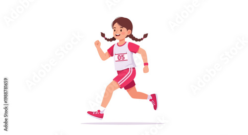Young Girl Runs Enthusiastically in a Race, Demonstrating Health and Sportiveness