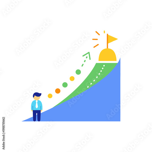 Business growth concept: businessman climbs steep graph to reach flag goal