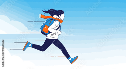 Young Traveler Running Forward Towards Adventure in the Blue Sky, Vector Illustration
