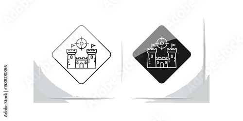 Contrast between light and dark castle icons with targeting symbols
