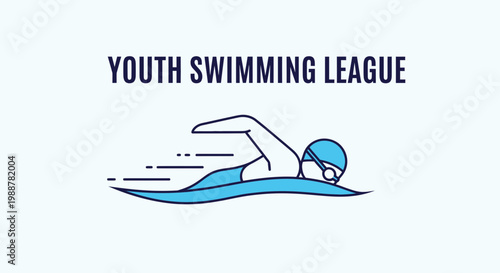 Youth Swimming League Emblem Depicting Swimmer Icon With Minimalist Modern Design Style