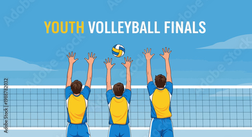 Youth Volleyball Tournament: Players Jumping to Block the Ball in a Championship Game
