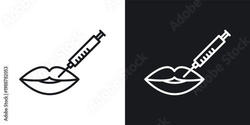 Hyaluronic acid lips injection icons set in black and white stroke lines