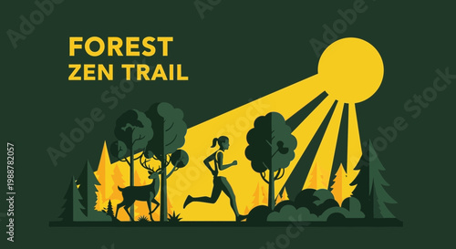 Zen Athlete Running on a Forest Trail Under a Bright Sun During a Morning Workout Session