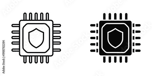 Contrast of secure and encrypted microchip icons with shield symbols inside