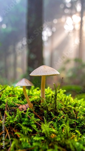 Forest floor scene with two small mushrooms on lush green moss
