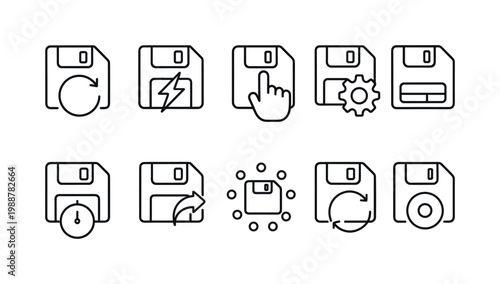 Collection of floppy disk icons representing save, refresh, and settings actions