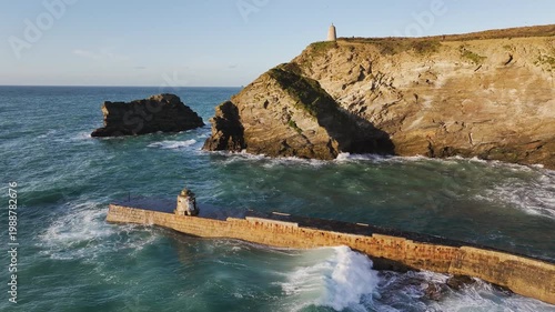 Seascape at storm from a drone, Portreath, Redruth, Cornwall