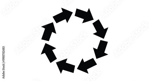 A circular arrangement of black arrows pointing outwards in a clockwise pattern