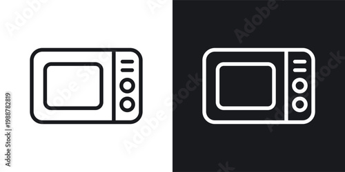 Microwave oven icons set in black and white stroke lines
