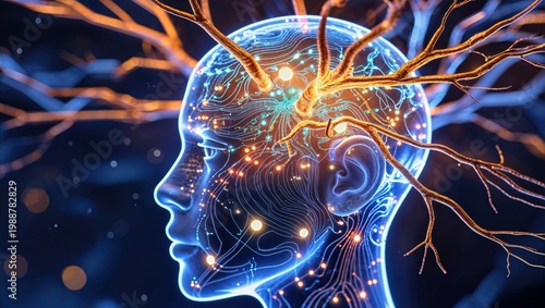 Abstract Representation of Human Brain with Neural Connections in a Futuristic Style