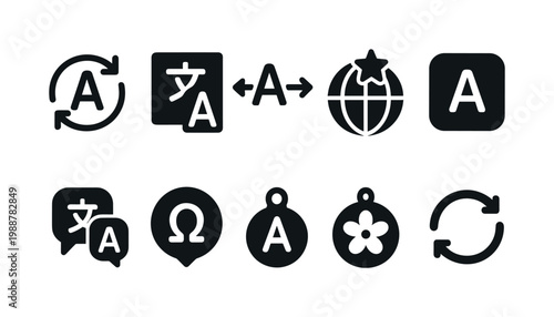 Collection of diverse icons representing translation, language, and global communication concepts