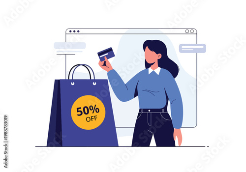 Flat style vector illustration of a woman holding a credit card next to a large shopping bag with sale label, representing online payment, retail discount campaigns, and digital purchasing behavior