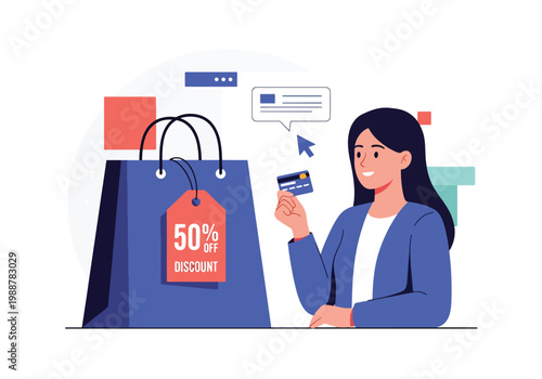Flat style vector illustration of a woman holding a credit card next to a large shopping bag with sale label, representing online payment, retail discount campaigns, and digital purchasing behavior