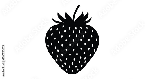 A simple black silhouette of a ripe strawberry with green leaves