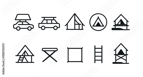 Collection of simple line icons representing camping and outdoor adventure gear