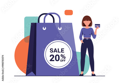 Flat style vector illustration of a woman holding a credit card next to a large shopping bag with sale label, representing online payment, retail discount campaigns, and digital purchasing behavior
