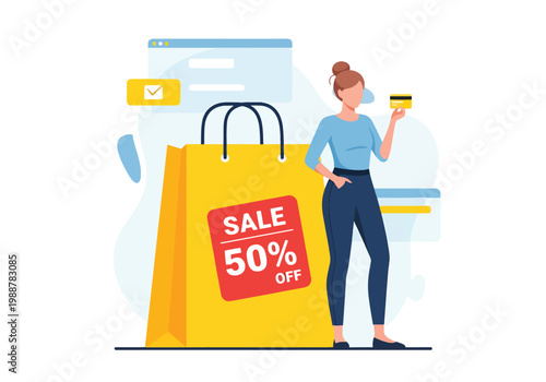 Flat style vector illustration of a woman holding a credit card next to a large shopping bag with sale label, representing online payment, retail discount campaigns, and digital purchasing behavior