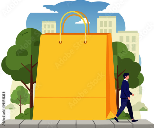  Bolsa de compras grande en entorno urbano con persona caminando en estilo plano, ilustración vectorial.

