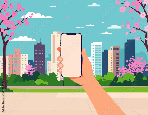  Mano sosteniendo teléfono móvil con ciudad y parque al fondo en estilo plano, ilustración vectorial.

