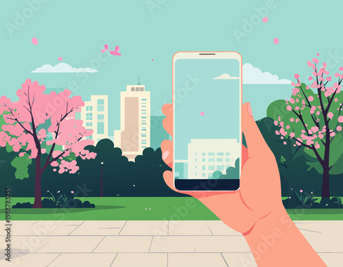  Teléfono móvil en primer plano con parque y flores en fondo en estilo plano, ilustración vectorial.
