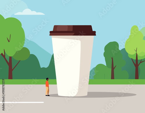  Vaso gigante de café en parque con persona pequeña en estilo plano, ilustración vectorial.
