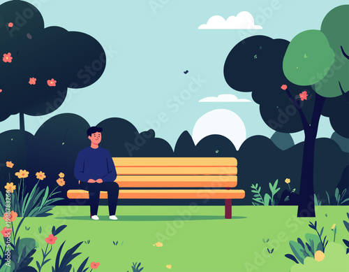  Persona sentada en banco en parque rodeado de naturaleza en estilo plano, ilustración vectorial.
