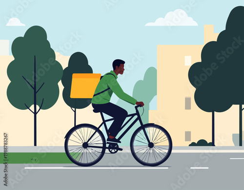  Mensajero en bicicleta entregando paquete en entorno urbano en estilo plano, ilustración vectorial.
