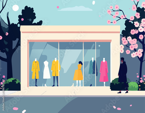  Escaparate de tienda de ropa con maniquíes en ciudad con árboles en flor en estilo plano, ilustración vectorial.
