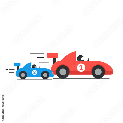 Race cars competing, red car with number 1 leads blue car with number 2