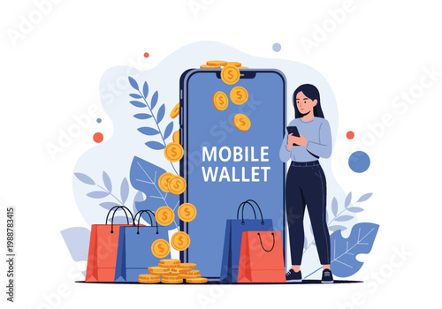 Flat style vector illustration of a woman using a mobile wallet app with coins and shopping bags, representing cashless payment, ecommerce transactions, digital finance, and modern shopping lifestyle