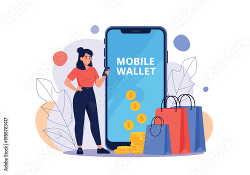 Flat style vector illustration of a woman using a mobile wallet app with coins and shopping bags, representing cashless payment, ecommerce transactions, digital finance, and modern shopping lifestyle